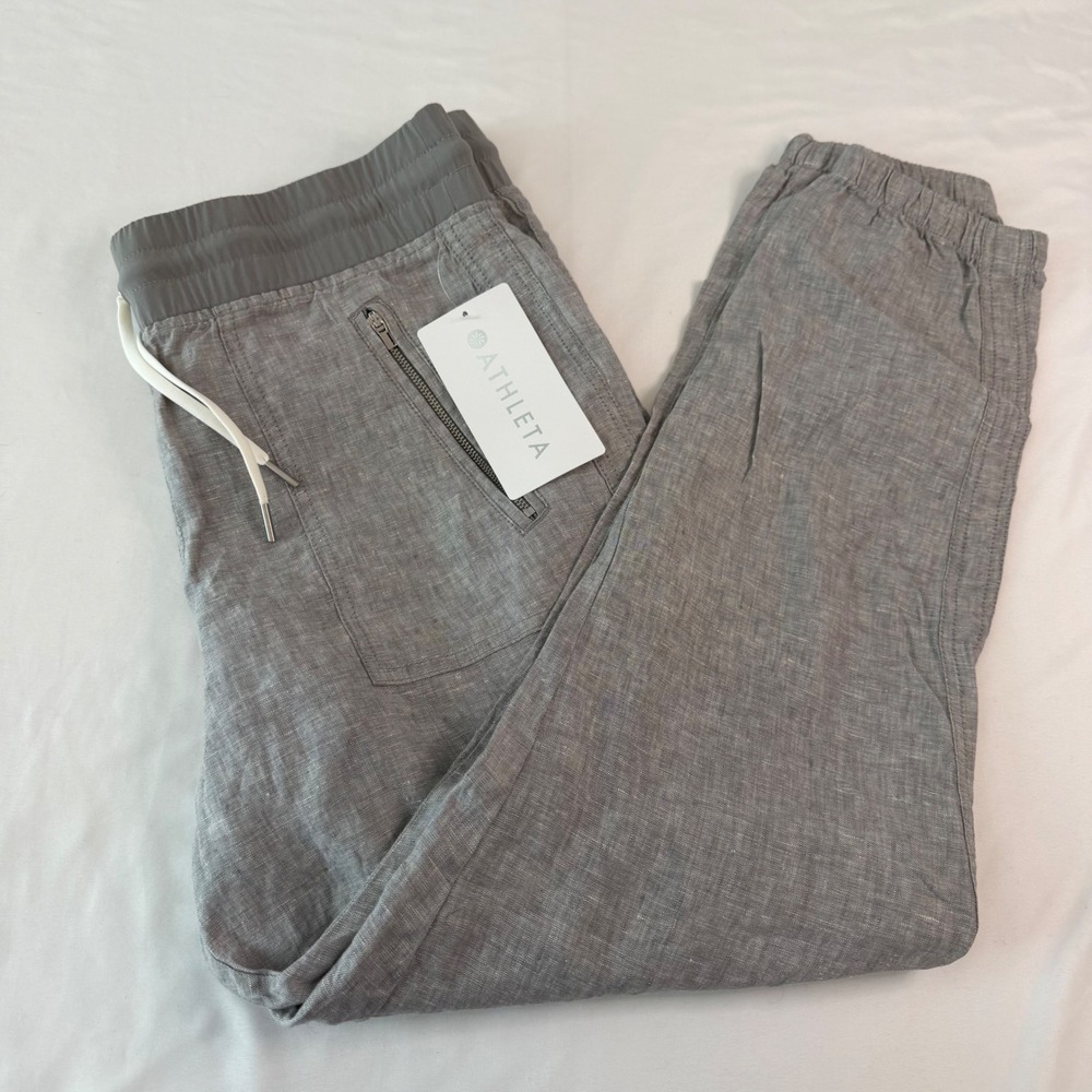 Athleta Cabo Linen Jogger Pants Grey Size 12 NWT Mid Rise Stretch Waistband
